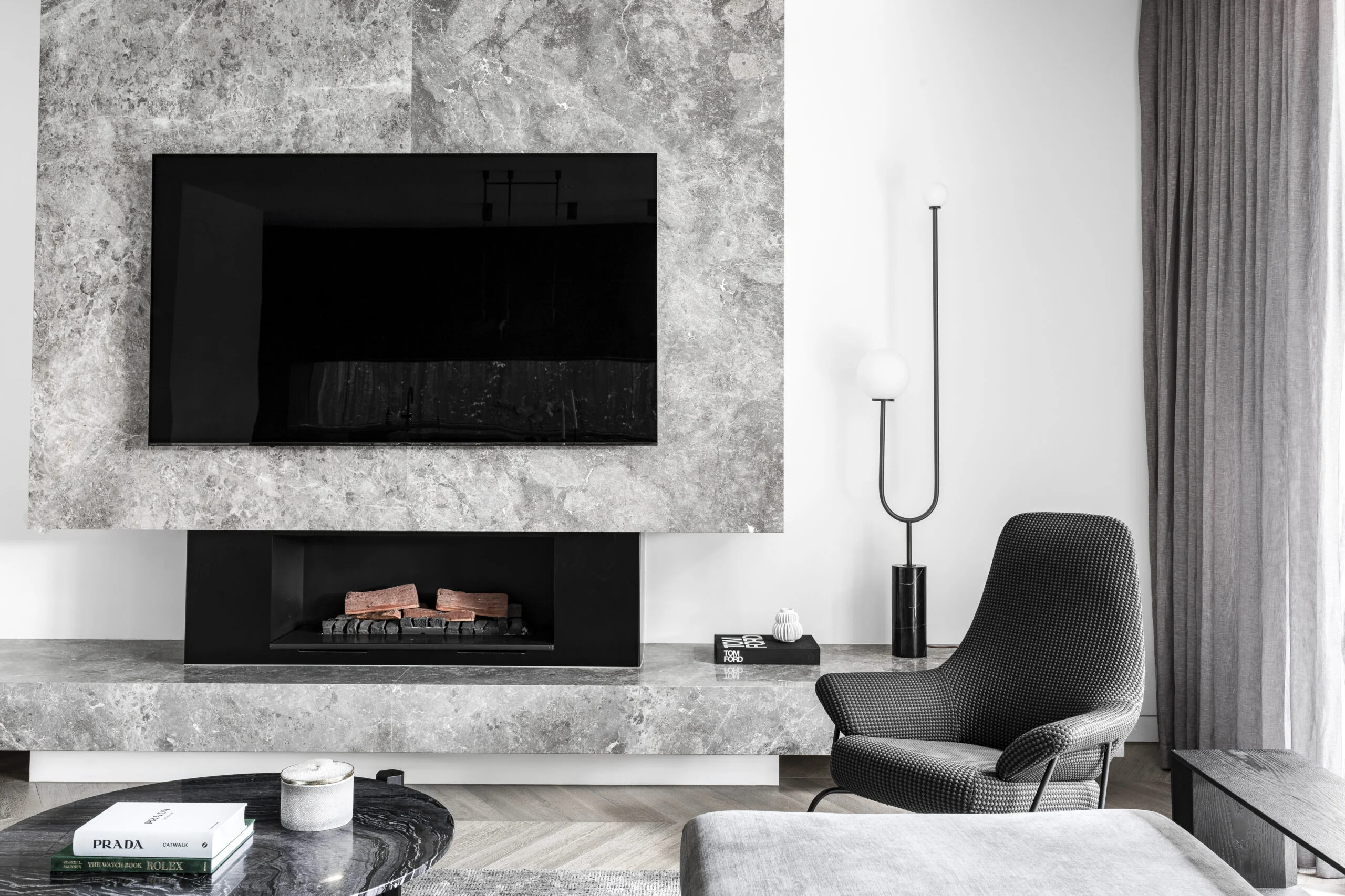 Luxury home interior build with media wall and sitting space